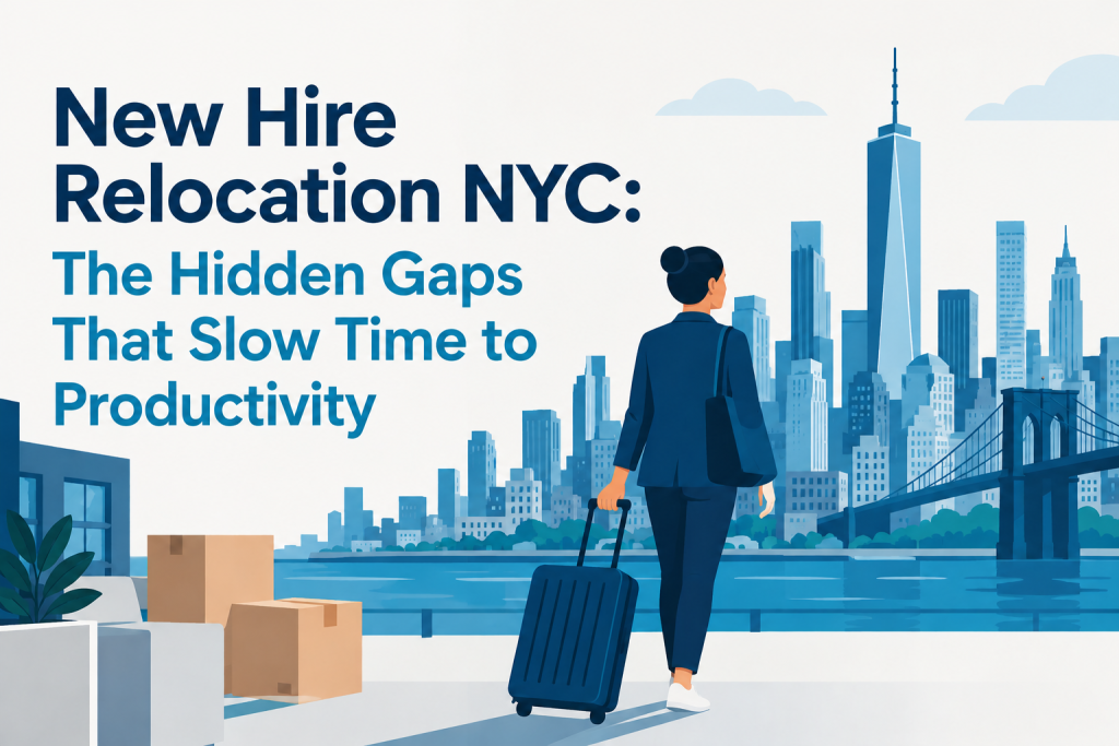 Blog graphic for New Hire Relocation NYC: The Hidden Gaps That Slow Time to Productivity, featuring a minimalist blue and navy New York City skyline, a relocating professional with luggage, and moving boxes, created by Pinpointe Group NYC real estate brokerage.
